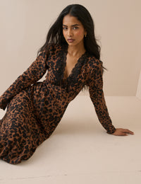 Leopard Print Lace Trim Long Sleeve Aida Midi Dress