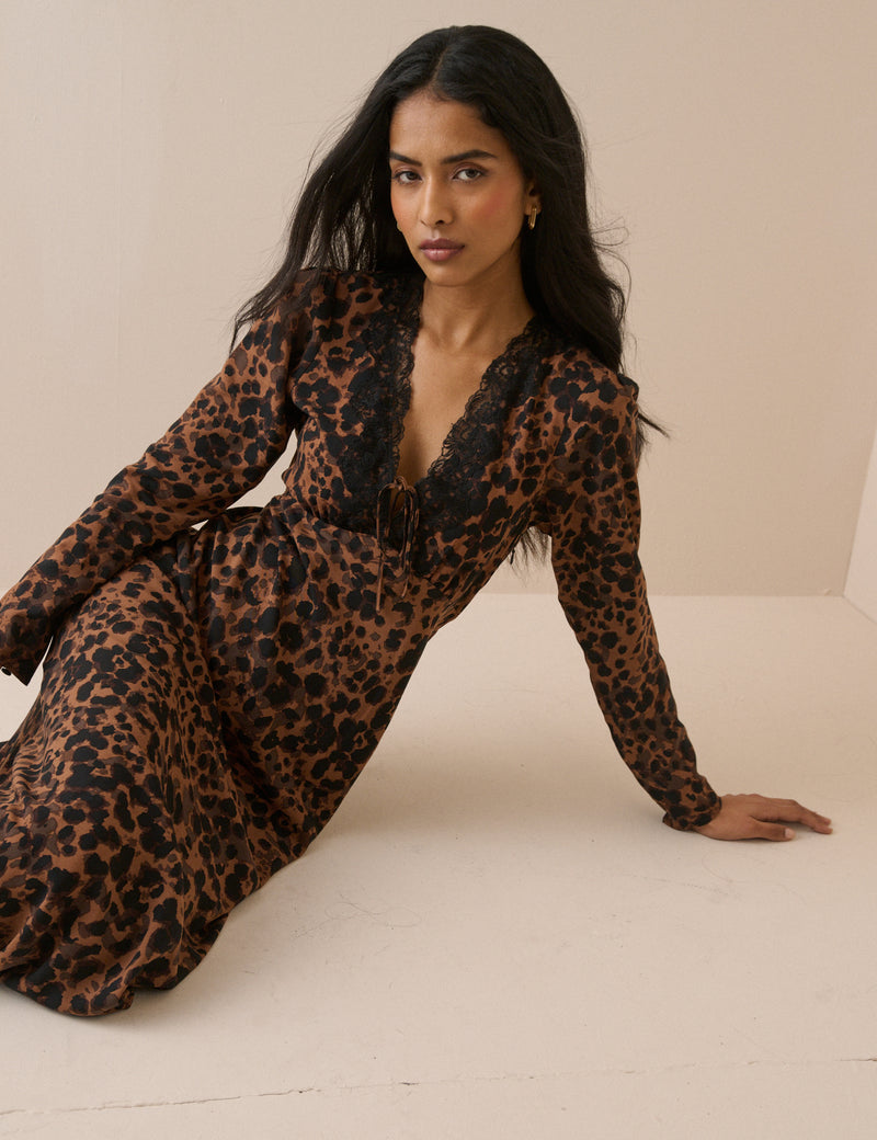 Leopard Print Lace Trim Long Sleeve Aida Midi Dress