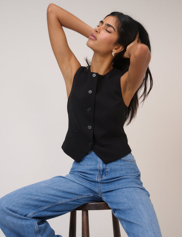 Black Crew Neck Waistcoat