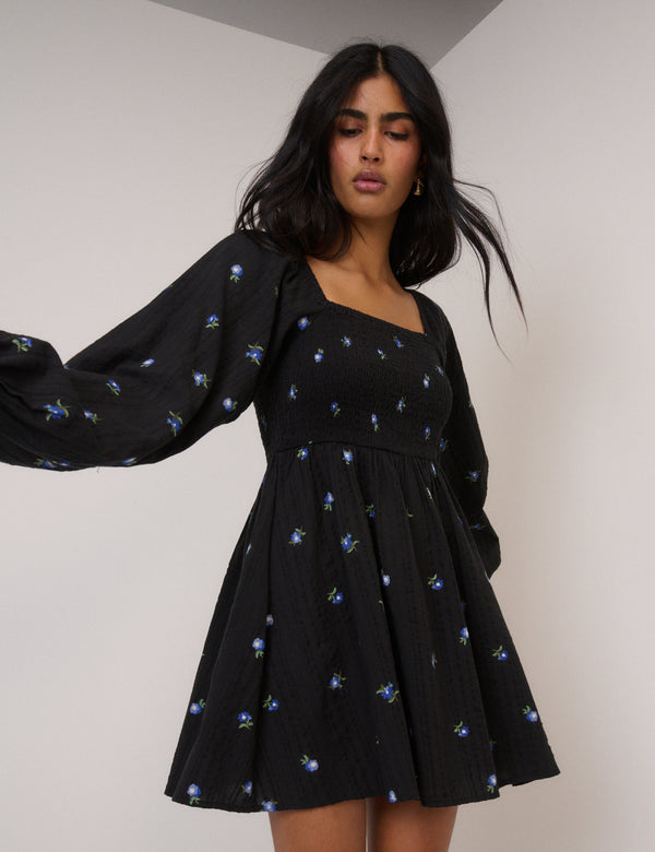 Black Ditsy Floral Long Sleeve Bella Mini Dress