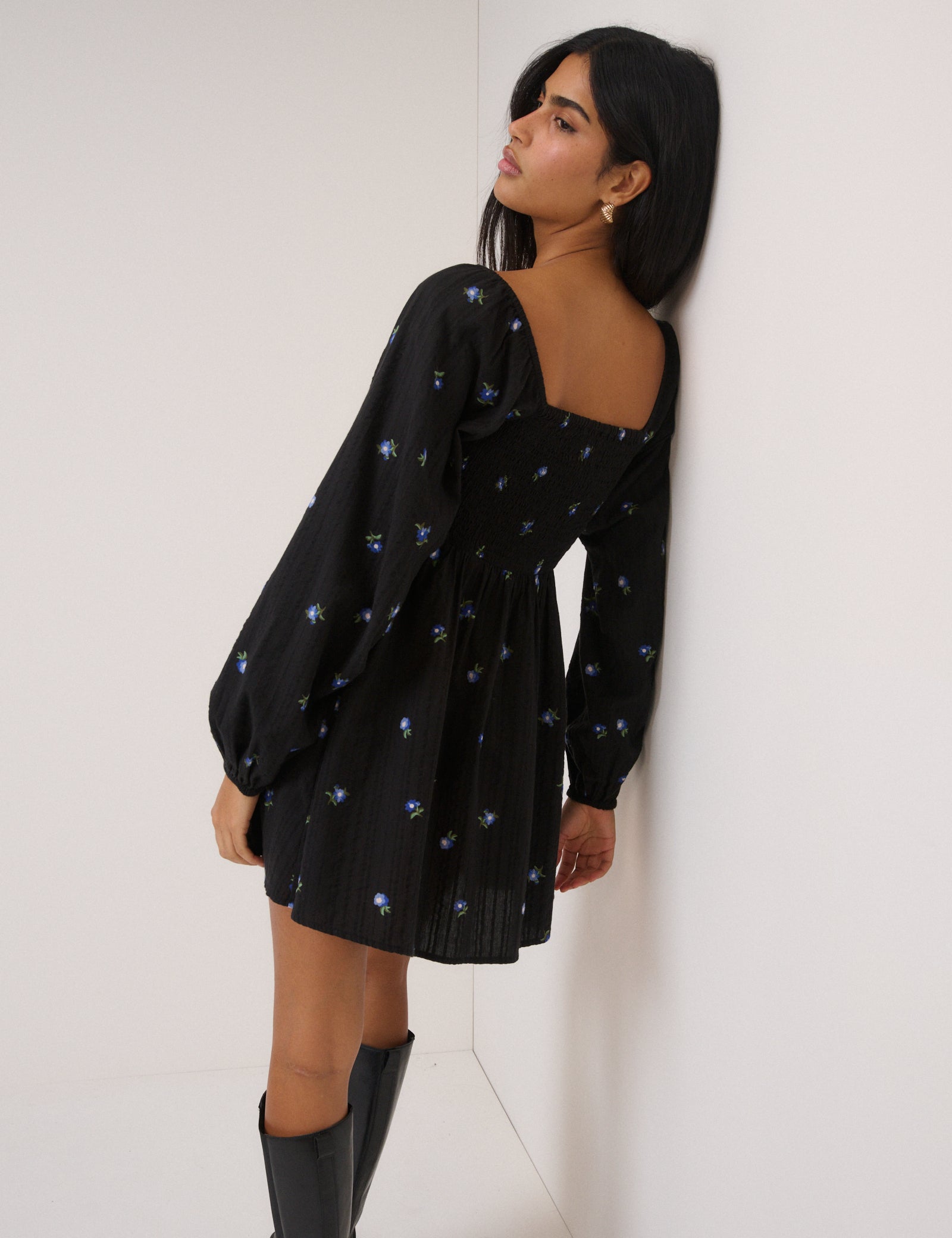 Black Ditsy Floral Long Sleeve Bella Mini Dress