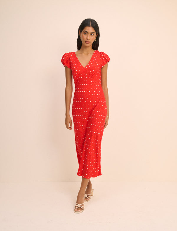 Red Polka Dot V-Neck Lina Midi Dress