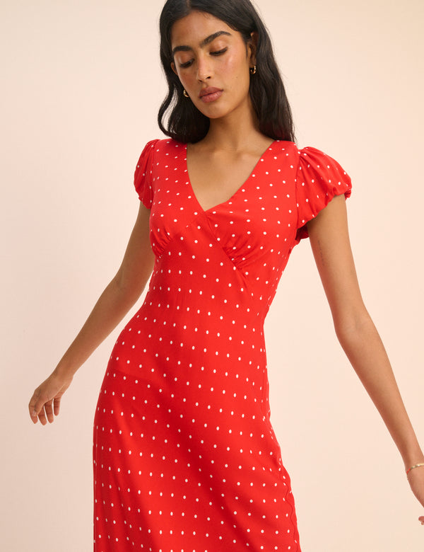 Red Polka Dot V-Neck Lina Midi Dress