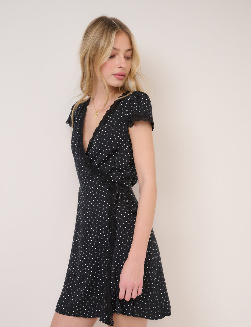 short sleeve polka dot dress Casual Cowl Sleeves Dark Navy Wedding Guest With Belt, Dark_Navy / M Lena Laynes Dottie dress in elegant ivory polka dots Billie Polka Dot Mini Dress