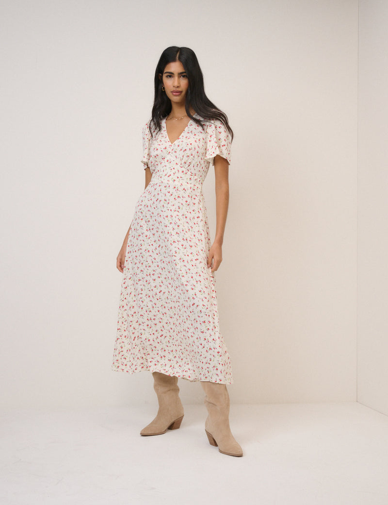 V-Neck Flutter Sleeve Atlas Midi Dress