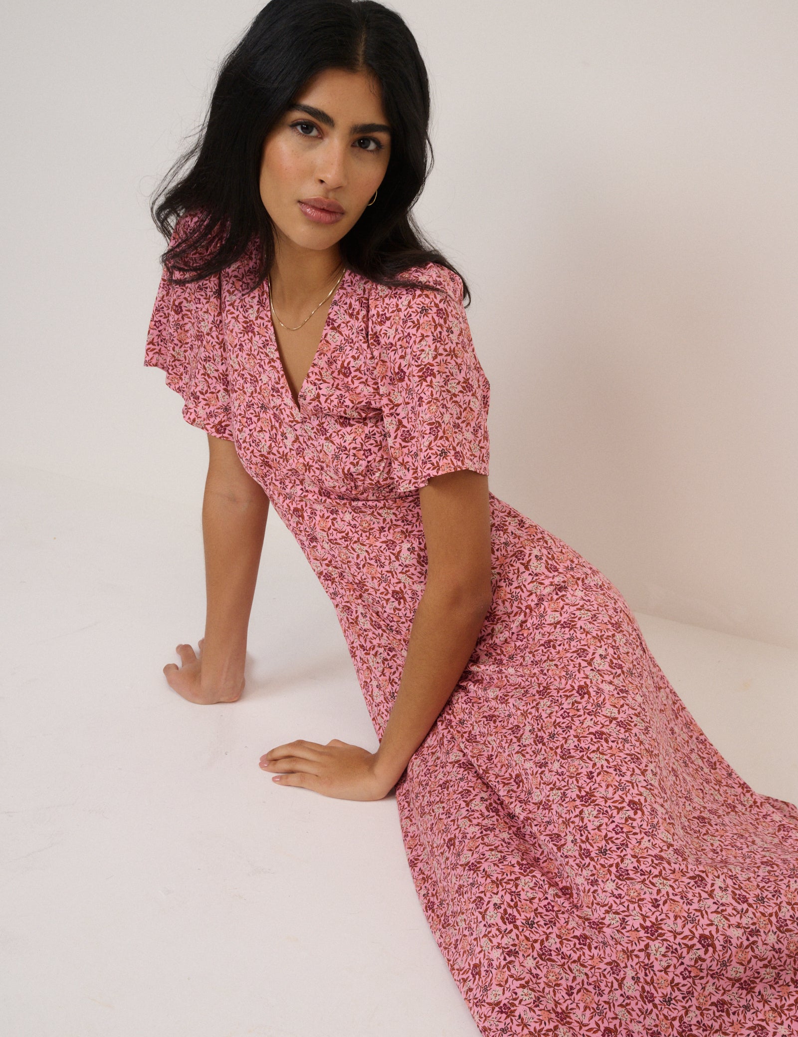 Pink Floral Atlas Midi Dress