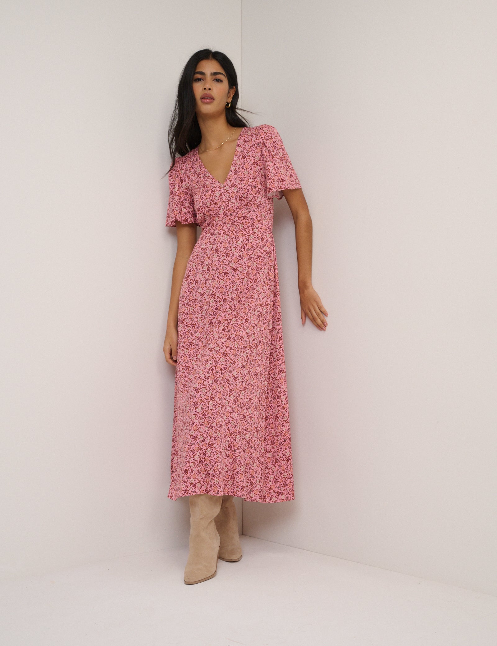 Pink Floral Atlas Midi Dress Pink Floral Atlas Midi Dress