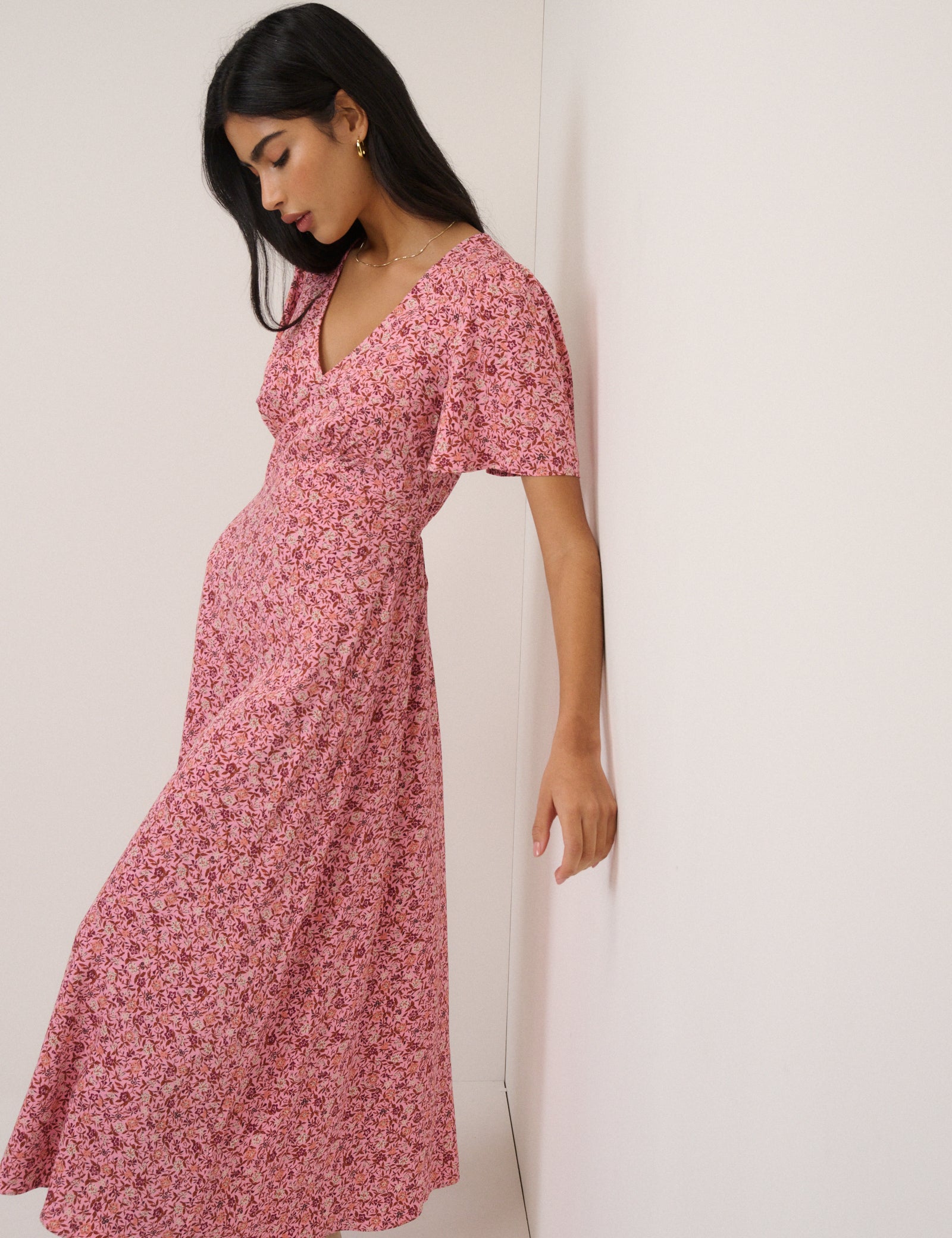 pink textured floral hillsborough midi dress Pink Floral Mesh Front Tie Cutout Midi Dress