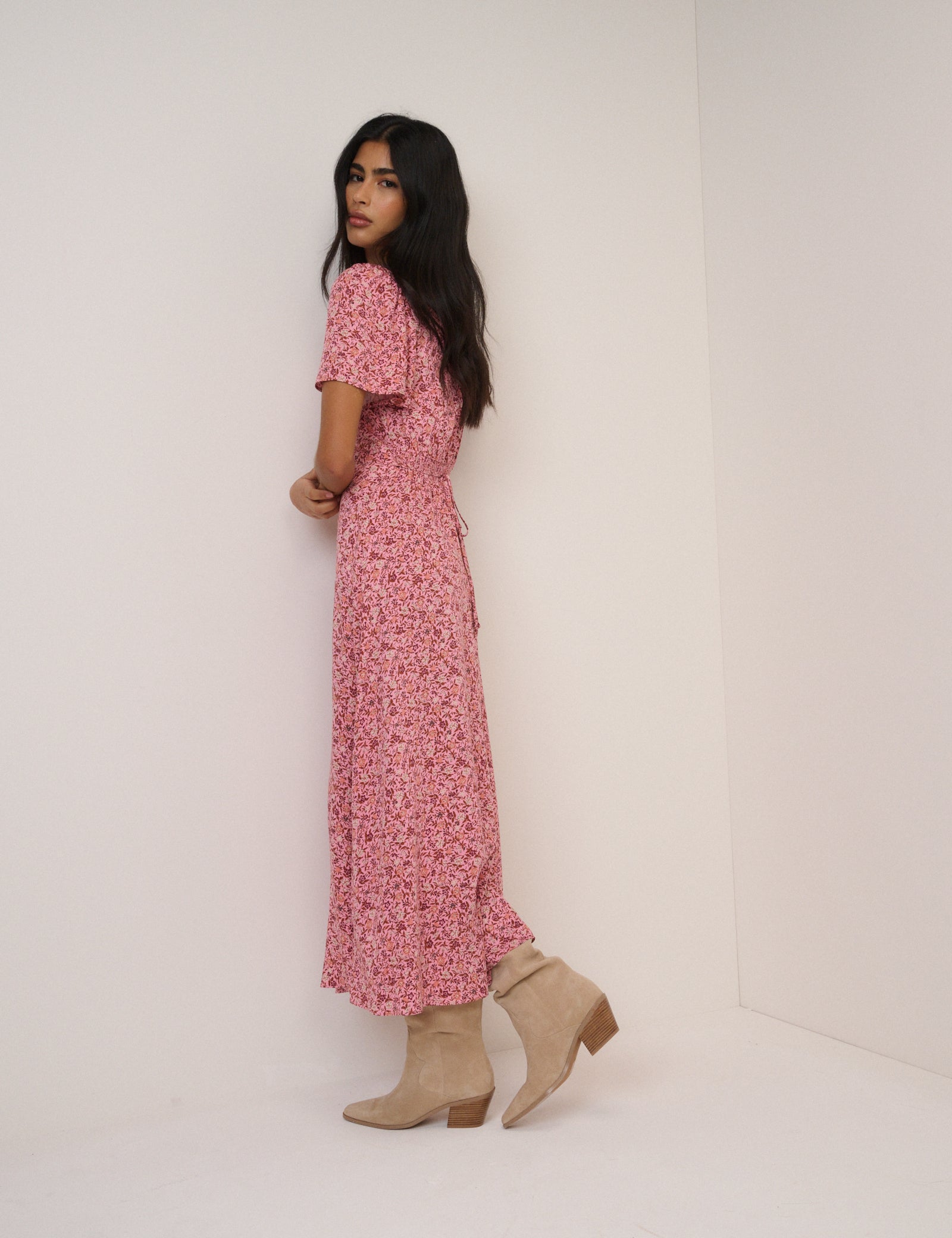 Pink Floral Atlas Midi Dress