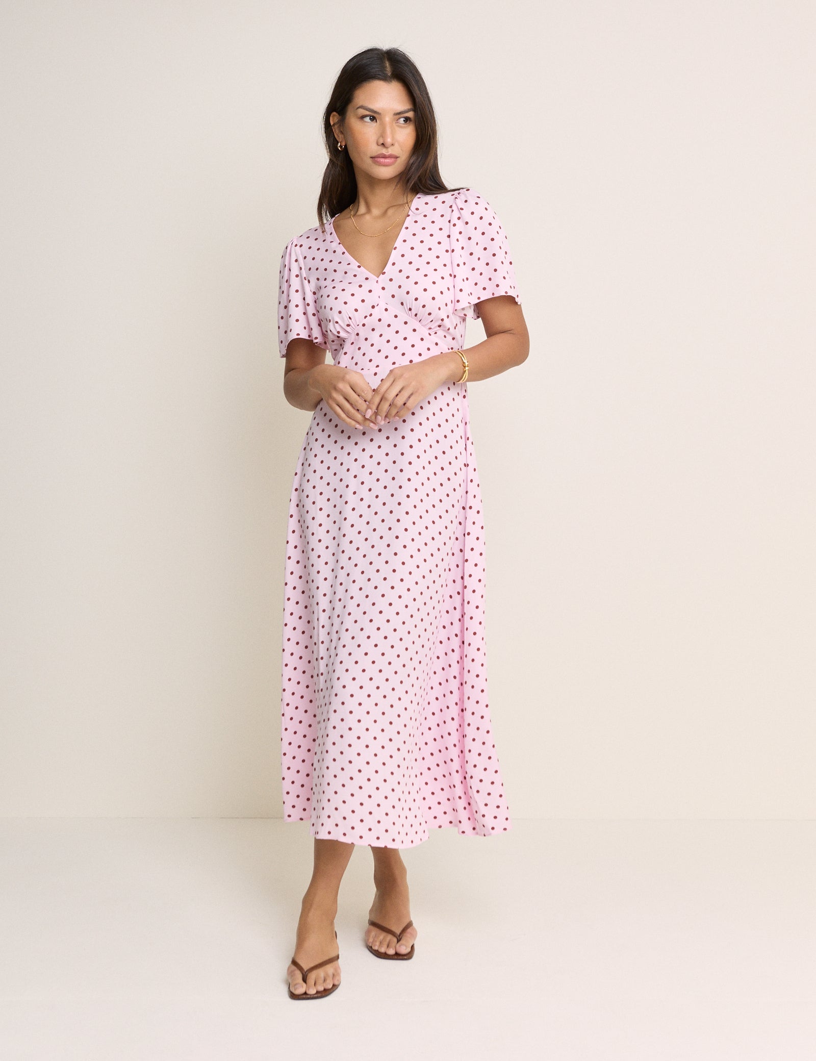 Pink and Brown Polka Dot Atlas Midi Dress
