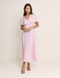 Pink and Brown Polka Dot Atlas Midi Dress