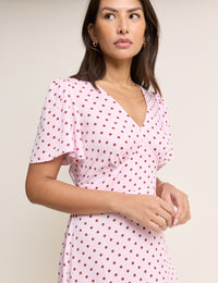 Pink and Brown Polka Dot Atlas Midi Dress