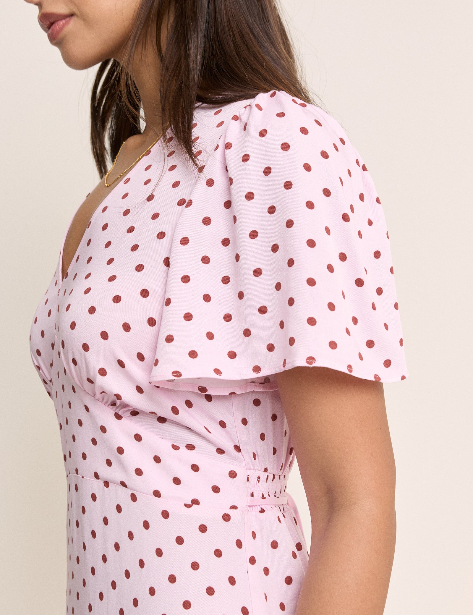 Pink and Brown Polka Dot Atlas Midi Dress