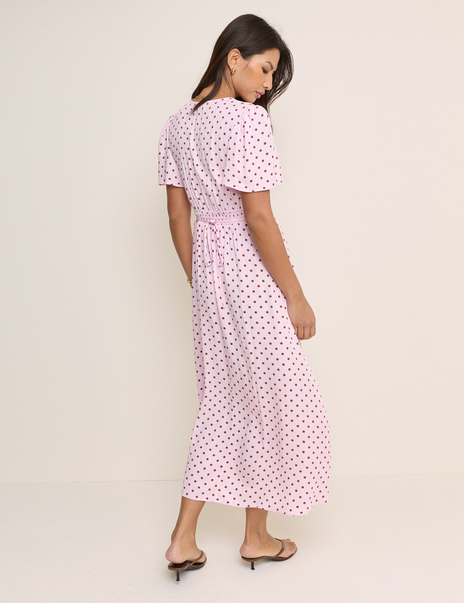 Pink and Brown Polka Dot Atlas Midi Dress