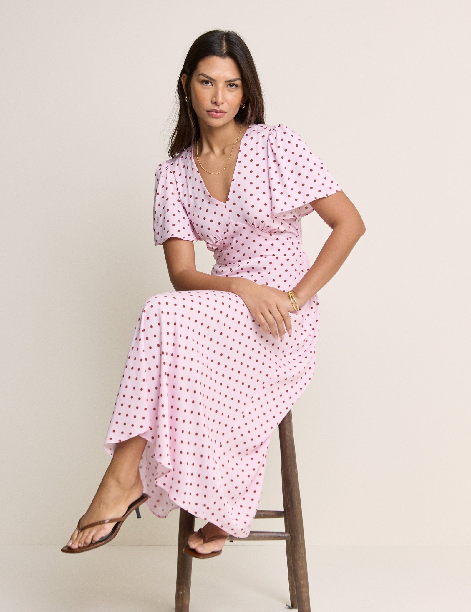 Pink and Brown Polka Dot Atlas Midi Dress