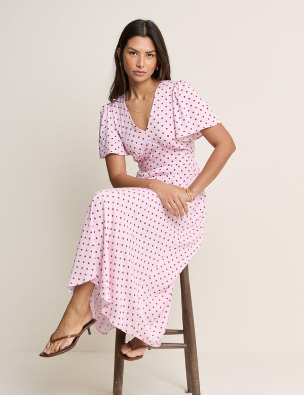 Pink and Brown Polka Dot Atlas Midi Dress