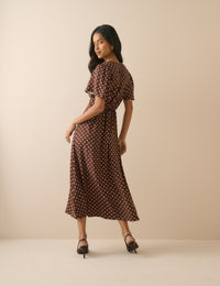 Brown Polka Dot Atlas Midi Dress