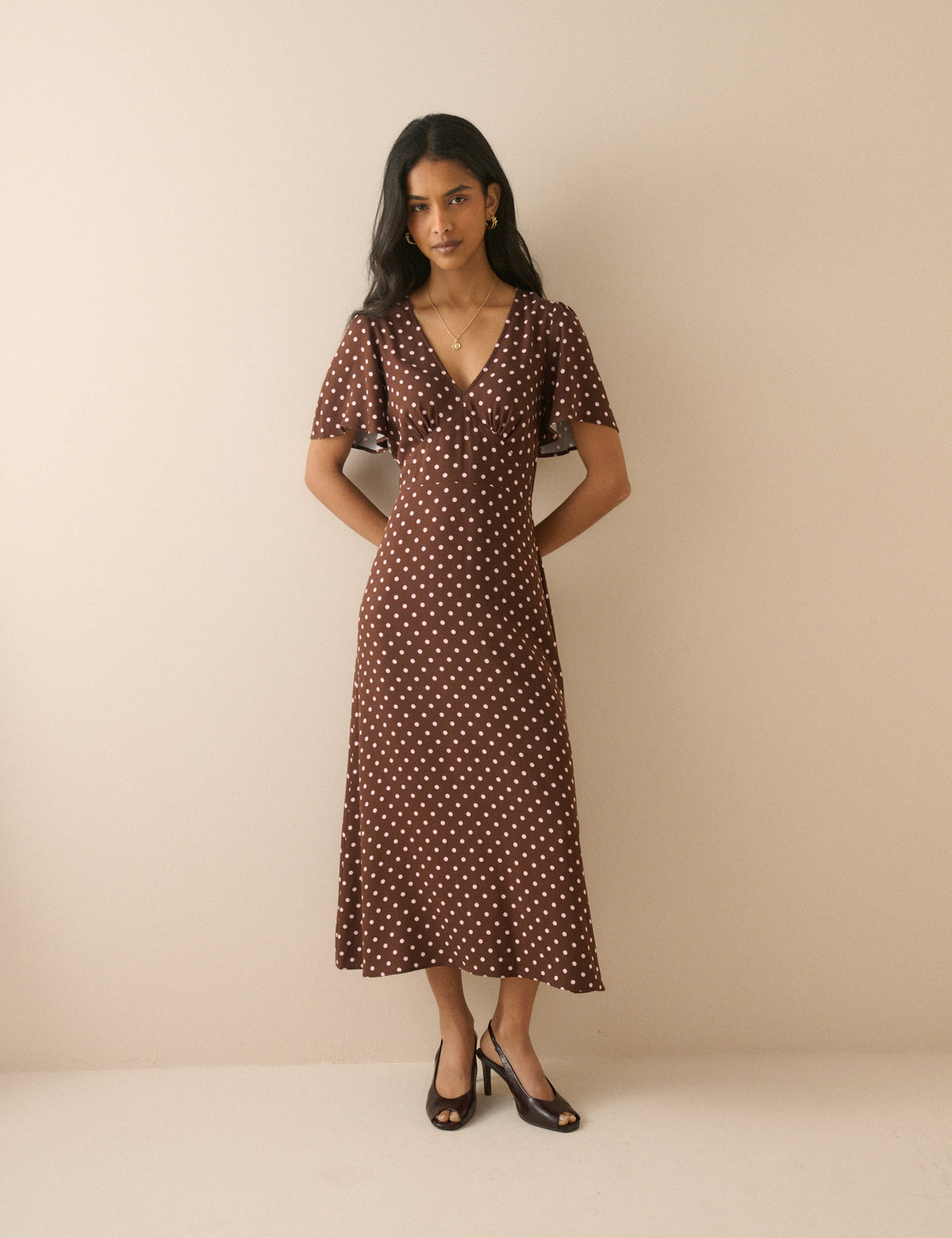 Brown Polka Dot Atlas Midi Dress