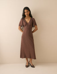 Brown Polka Dot Atlas Midi Dress