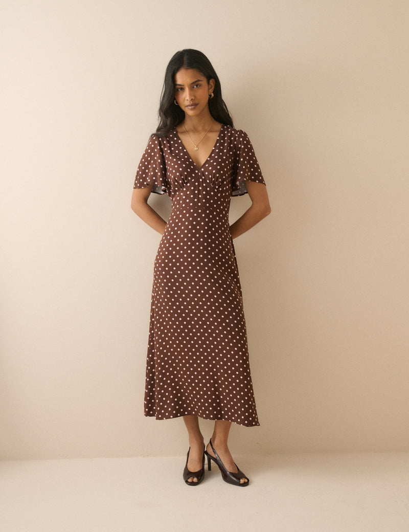 Brown Polka Dot Atlas Midi Dress