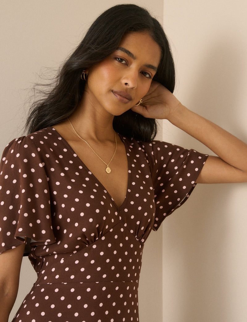 Brown Polka Dot Atlas Midi Dress