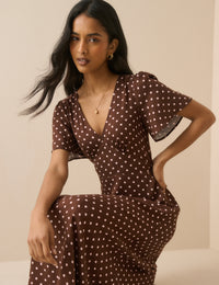 Brown Polka Dot Atlas Midi Dress