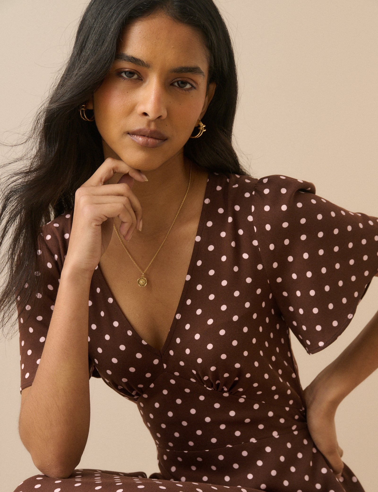 Brown Polka Dot Atlas Midi Dress