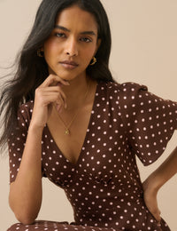 Brown Polka Dot Atlas Midi Dress