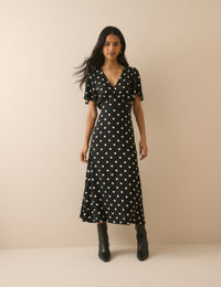 Black Polka Dot Atlas Midi Dress
