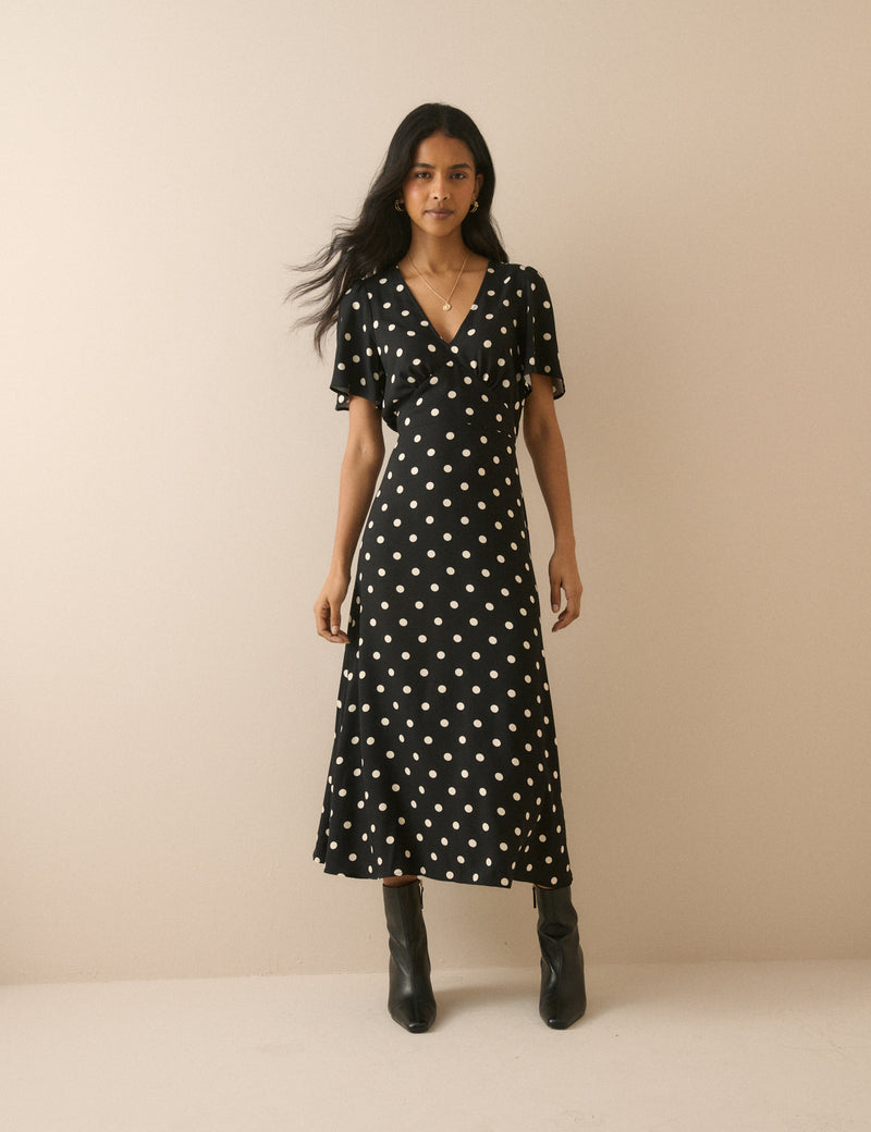 Black Polka Dot Atlas Midi Dress