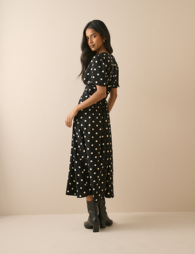 Black Polka Dot Atlas Midi Dress