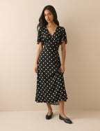 Black Polka Dot Atlas Midi Dress