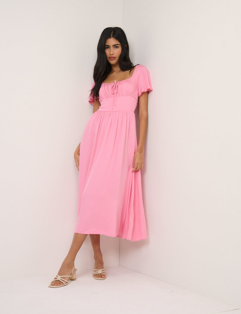 square neck pink midi dress Pink Square Neck Midi Dress