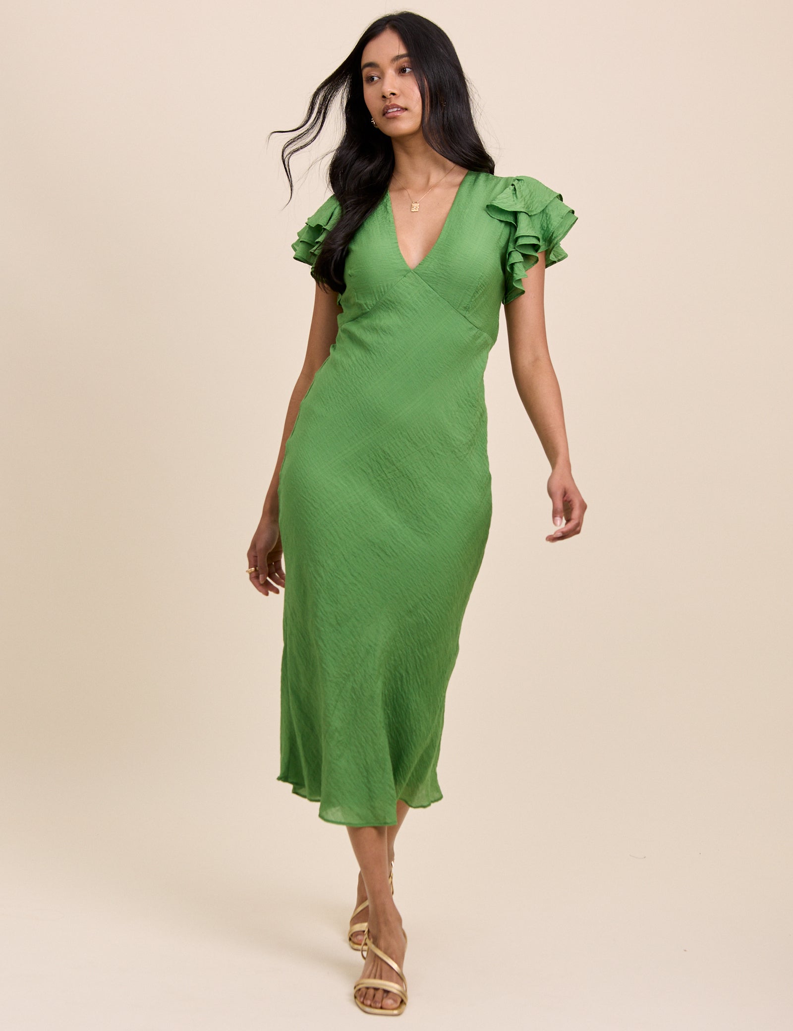 Green Frill Sleeve Layla Midi Dress Green Frill Sleeve Layla Midi Dress