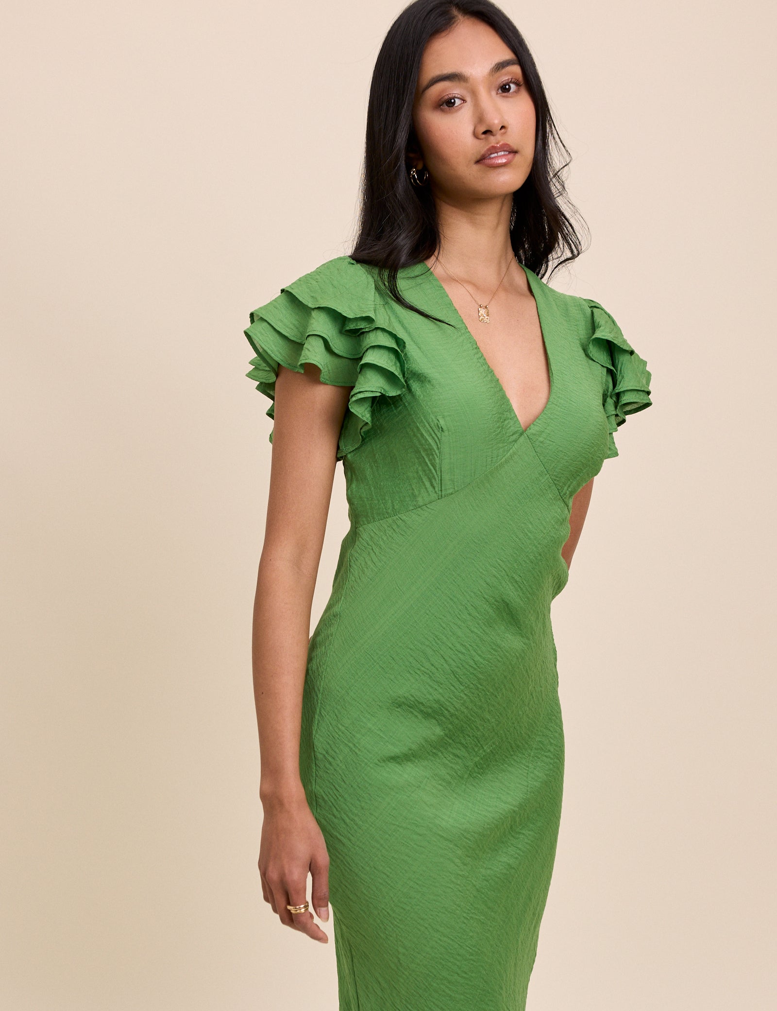 Green Frill Sleeve Layla Midi Dress Green Frill Sleeve Layla Midi Dress