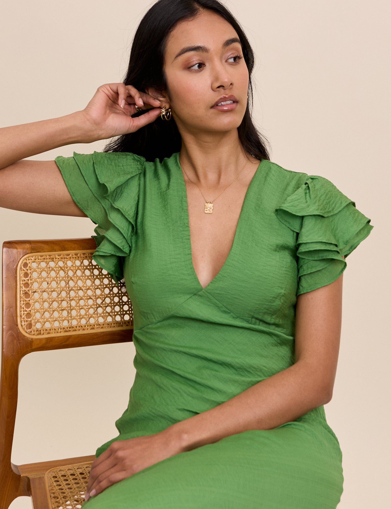 Green Frill Sleeve Layla Midi Dress