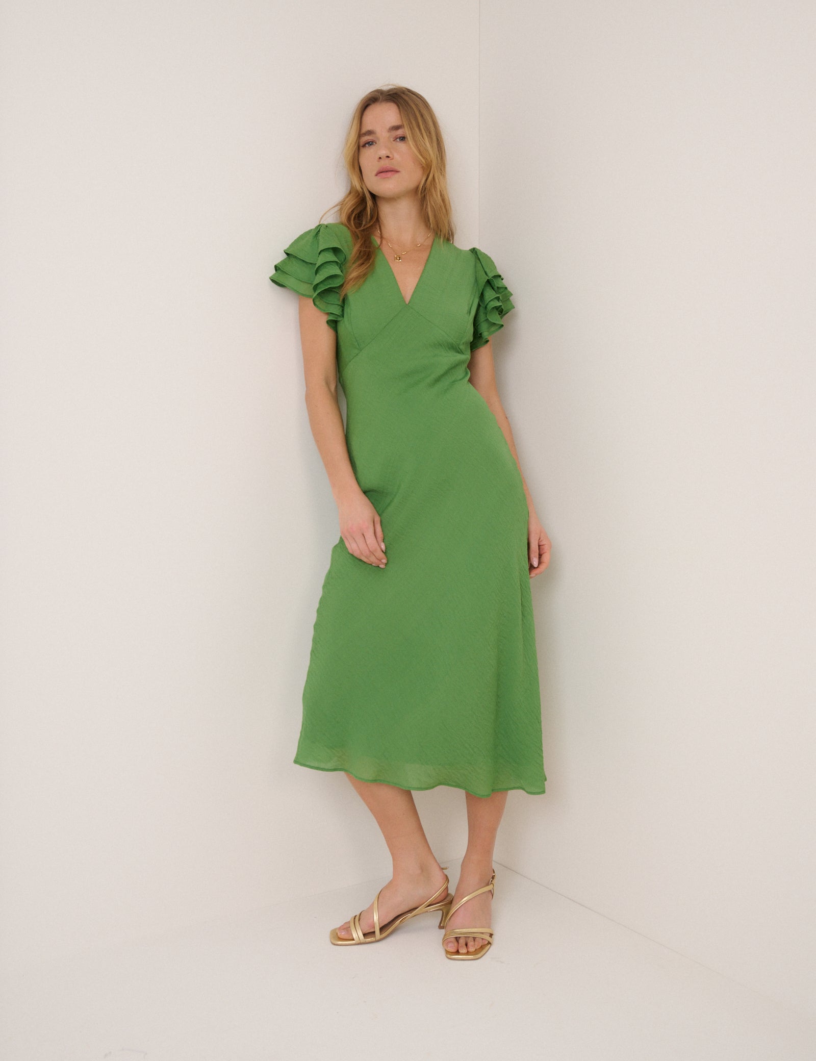 Green Frill Sleeve Layla Midi Dress