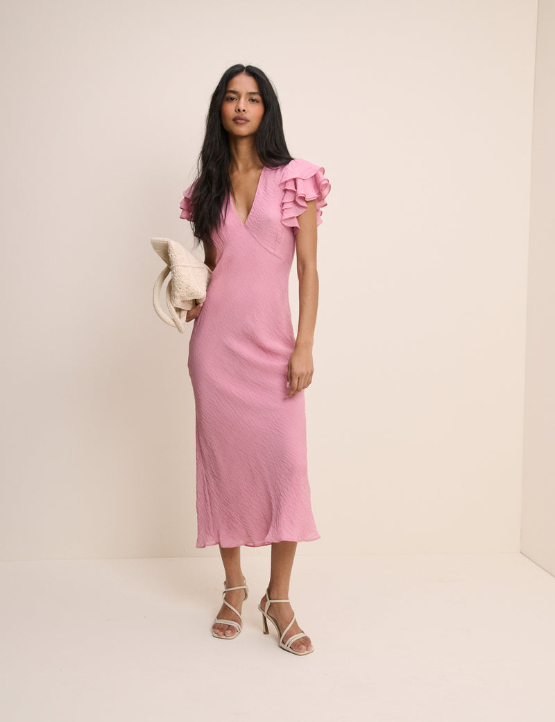 Pink Frill Sleeve Layla Midi Dress
