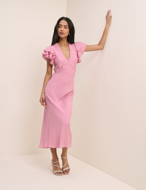 Pink Frill Sleeve Layla Midi Dress
