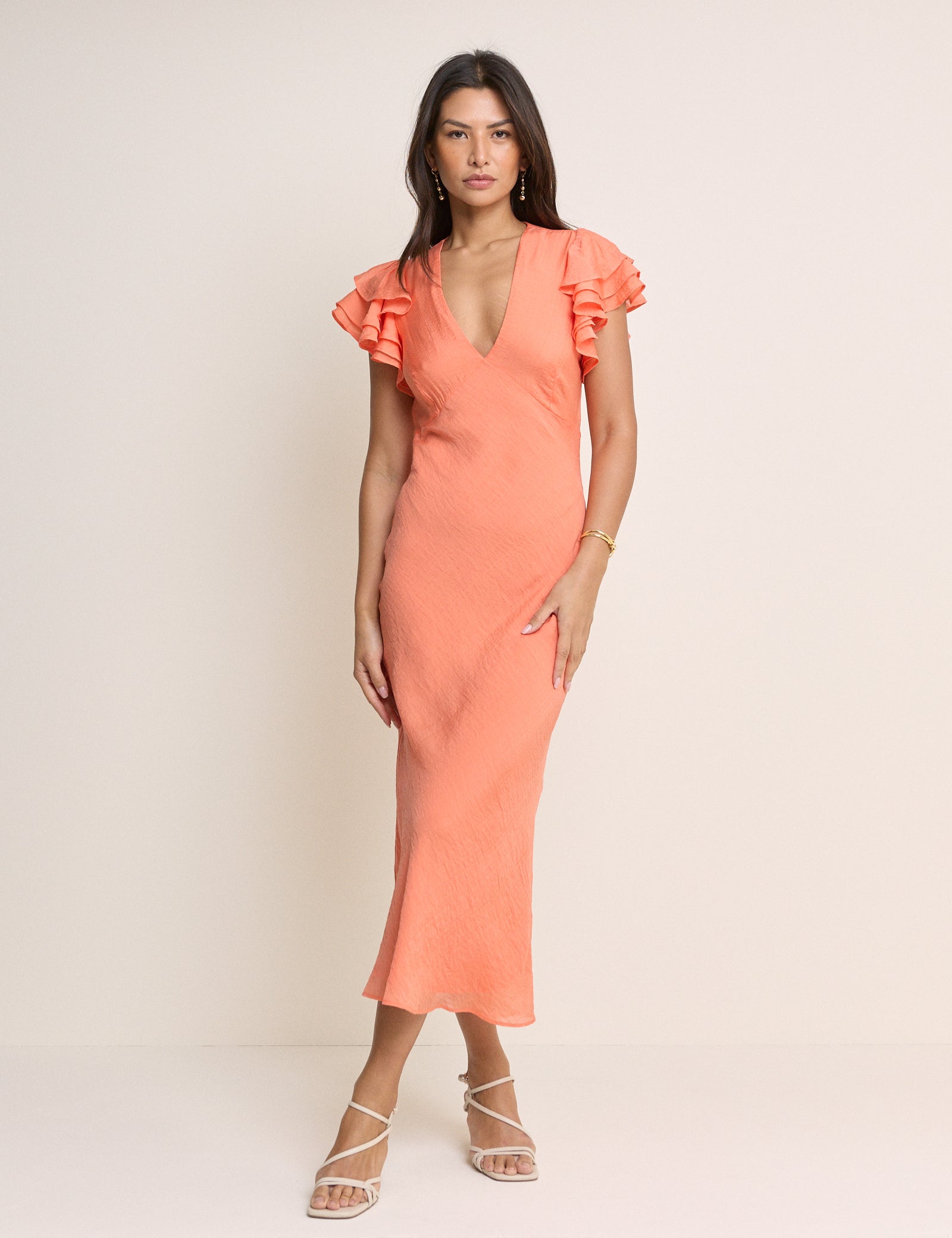 coral midi dress with sleeves Coral Frill Sleeve Layla Midi Dress coral midi dress with sleeves Coral Frill Sleeve Layla Midi Dress