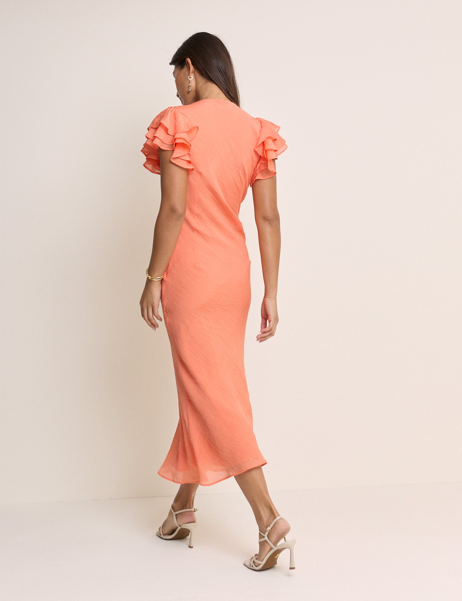 Coral Frill Sleeve Layla Midi Dress