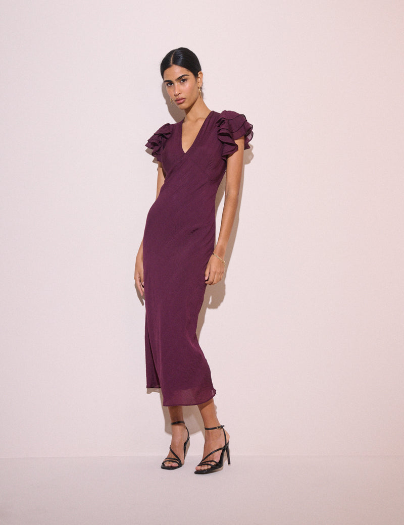 Purple Frill Sleeve Layla Midi Dress