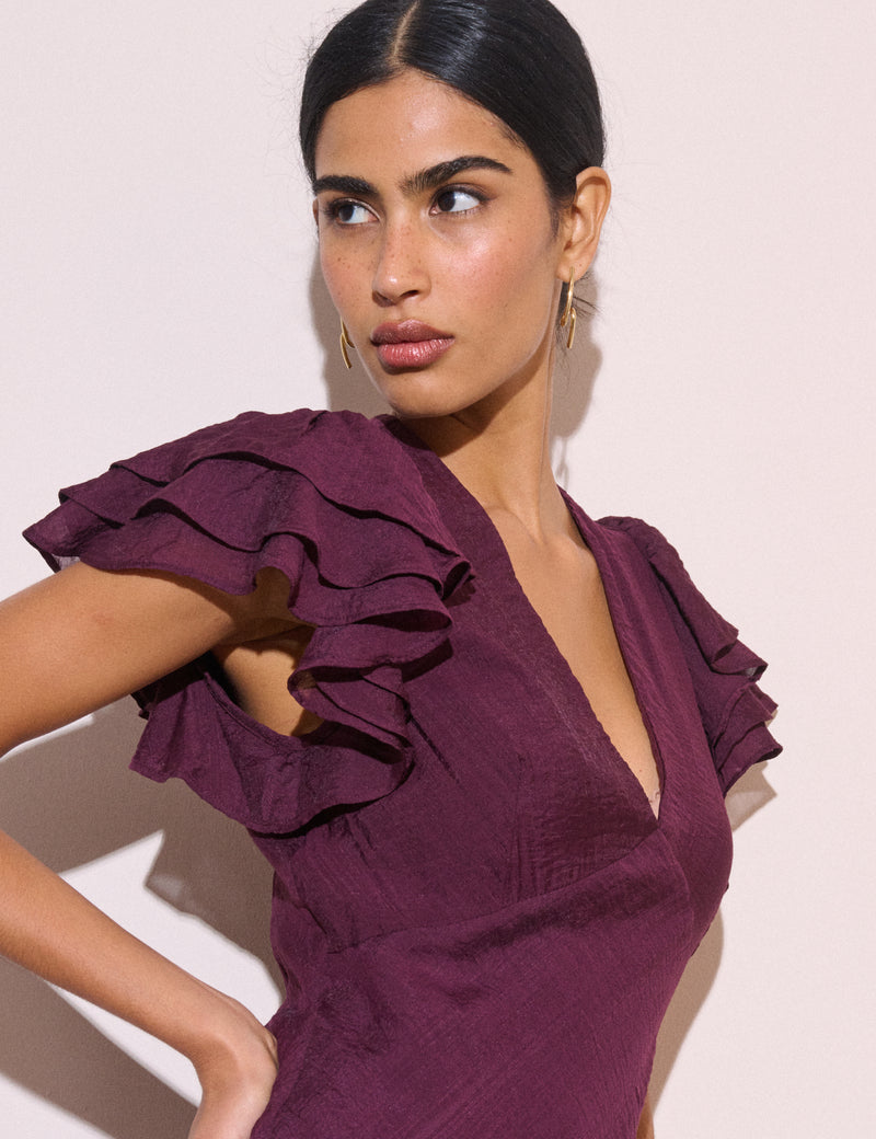 Purple Frill Sleeve Layla Midi Dress