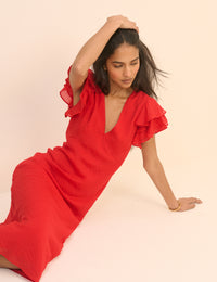 Red Frill Sleeve Layla Midi Dress