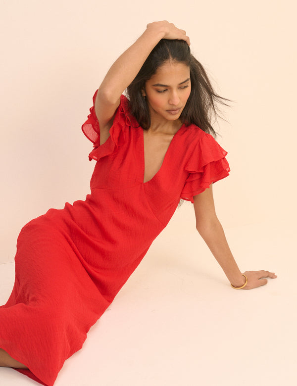 Red Frill Sleeve Layla Midi Dress