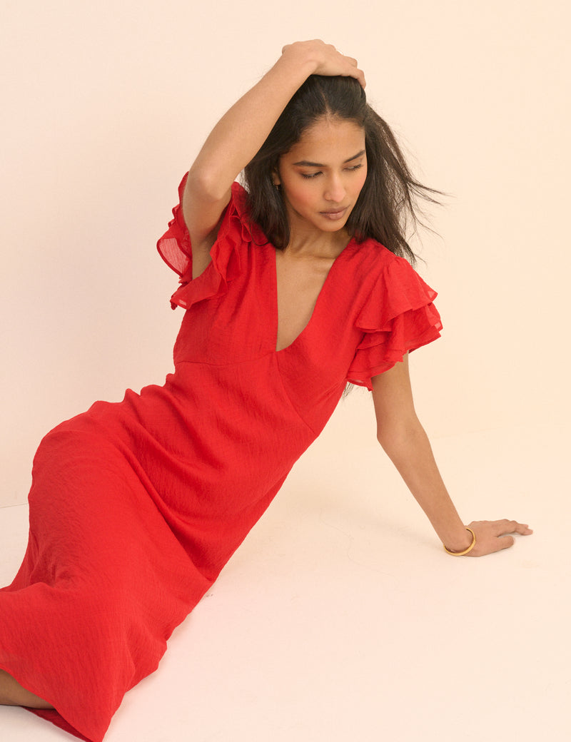 Red Frill Sleeve Layla Midi Dress