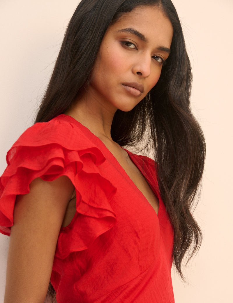 Red Frill Sleeve Layla Midi Dress