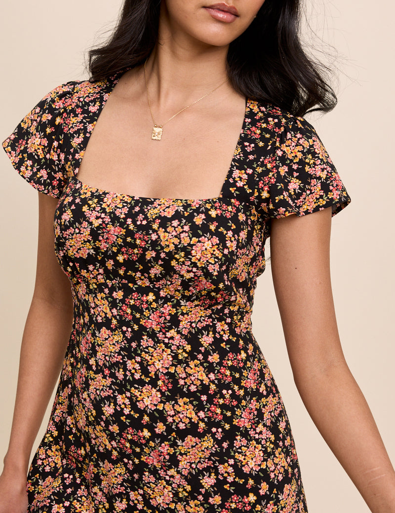 Black Floral Nora Midi Dress