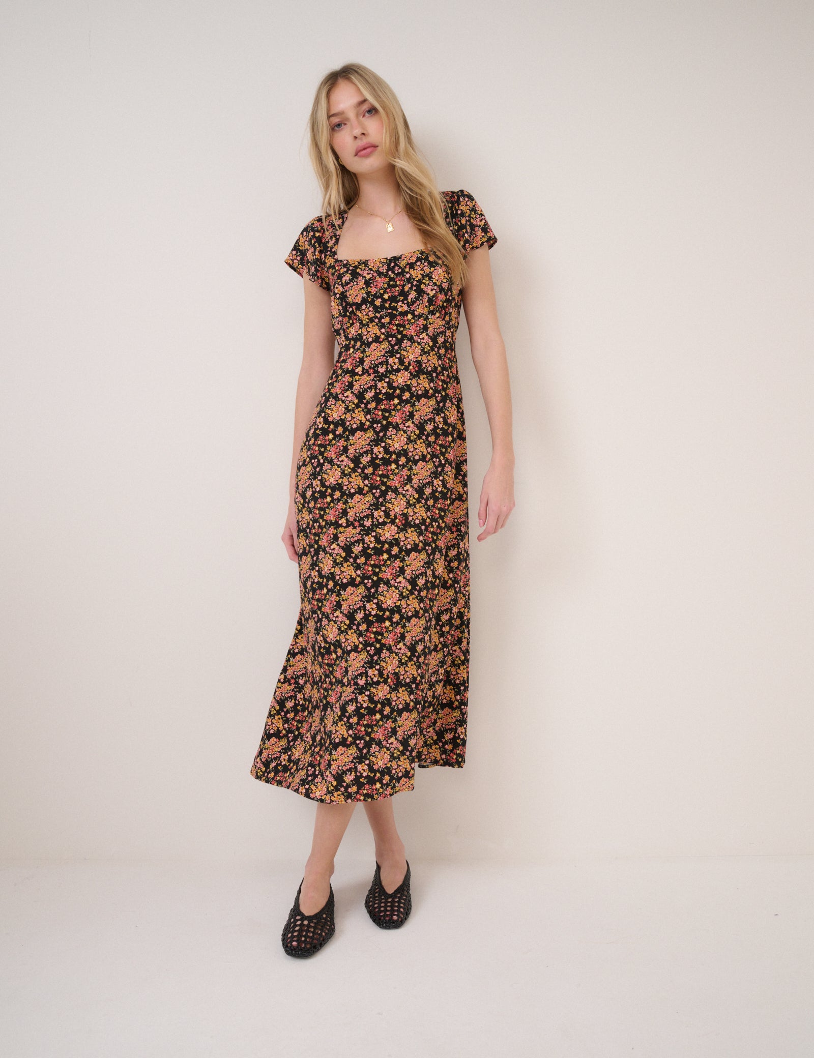Black Floral Nora Midi Dress