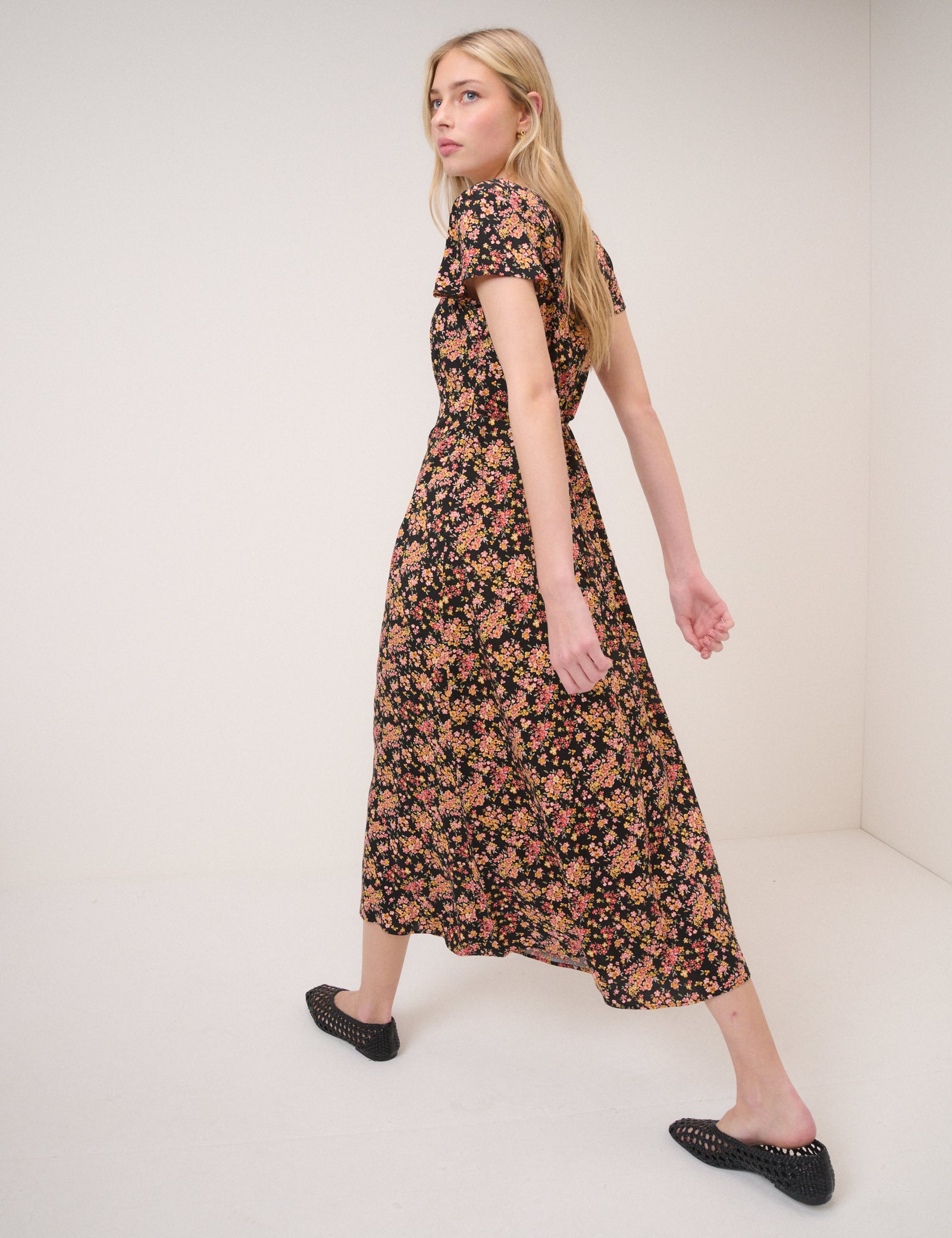 Black Floral Nora Midi Dress